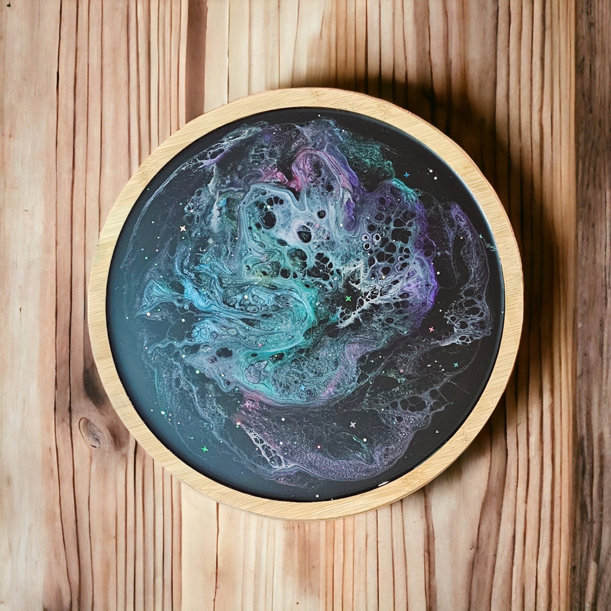 Blue Lazy Susan, Hand Poured Food Safe Epoxy Resin on Bamboo